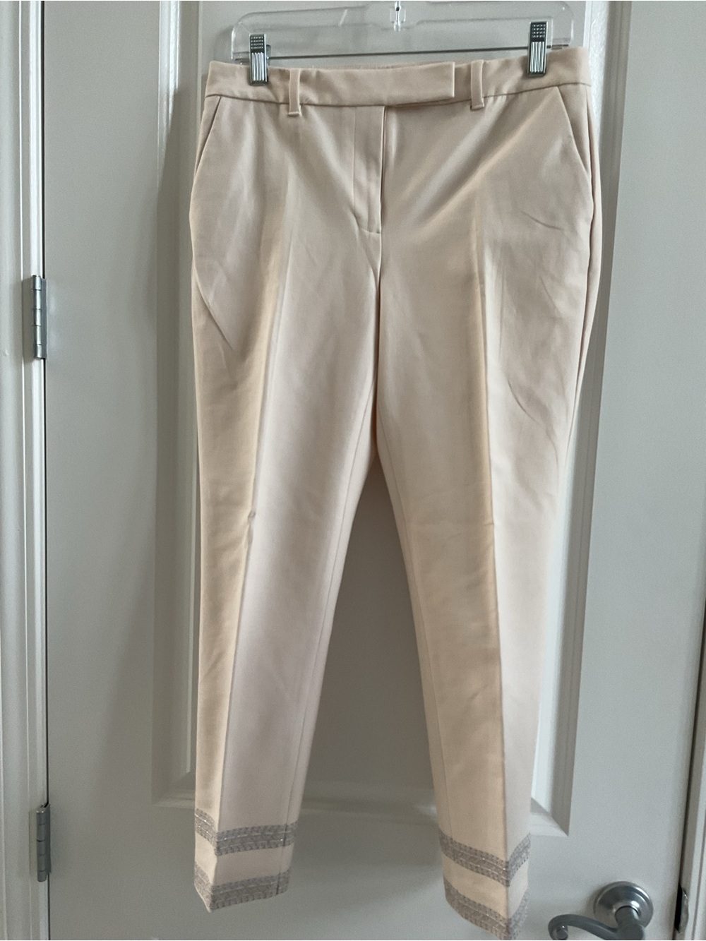 White House Black Market Cream Straight-Leg Cropped Pants with Embellished Cuff